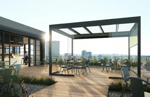 Moderne Dachterrasse mit Glasüberdachung und stilvollen Sitzgelegenheiten