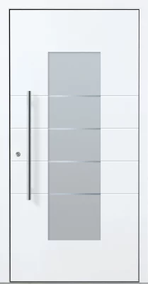 Eine Haustüre oder Eingangstüre von der Marke Noblesse in Weiß mit einem silbernen Griff und einem undurchsichtigen Glas in der Mitte