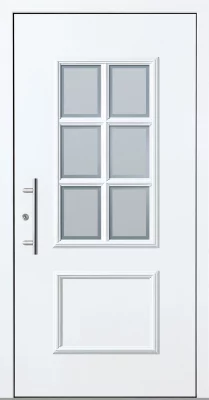 Eine Haustüre oder Eingangstüre von der Marke Noblesse in Weiß mit einem silbernen Griff und sechs kleinen undurchsichtigen Einzelgläsern in der Mitte